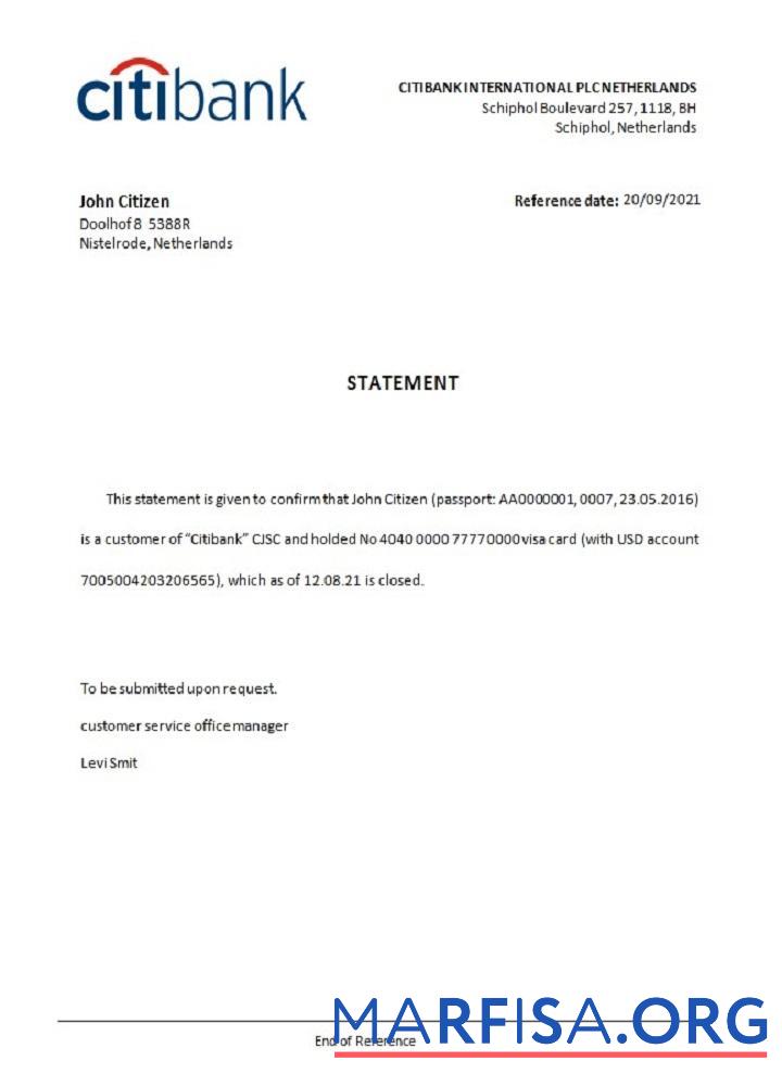 Blank Netherlands Citibank closure reference download for verification